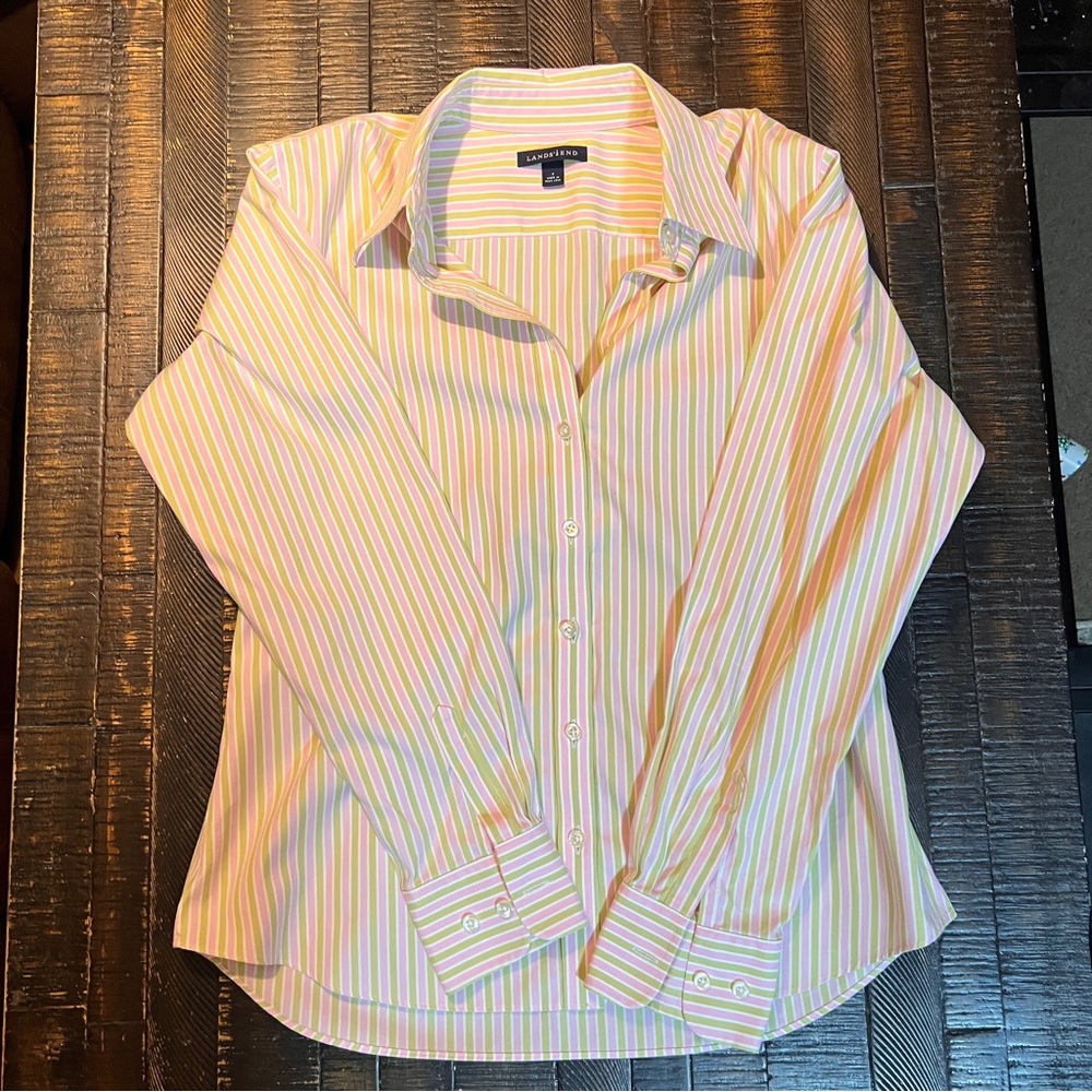 Lands' End Women's Button Down Shirt - Yellow and Pink Stripes